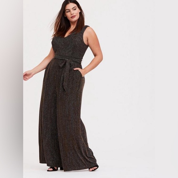 Torrid Maxi Glitter Knit Gold Silver Sparkle Jumpsuit Metallic Wide-leg Sz 4X - Picture 1 of 16